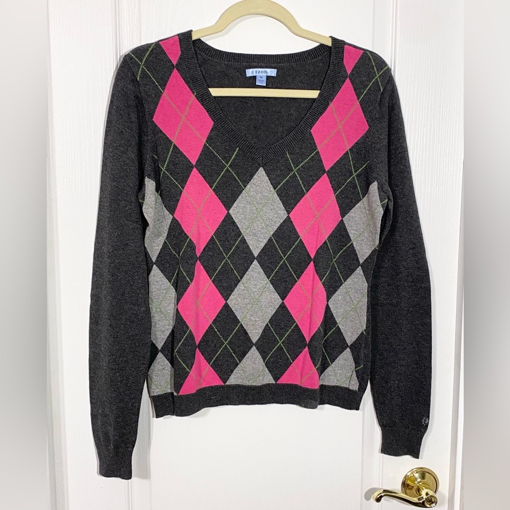 Y2K Izod Argyle V Neck Lightweight Cotton Sweater Gray Pink Green Size Medium